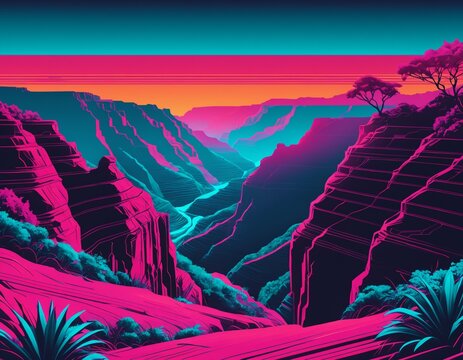 Retro synthwave neon vector illustration of Grand red rock gorge and lush greenery of Waimea Canyon