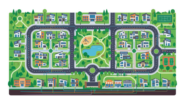 Top down colorful suburban residential neighborhood map illustration.