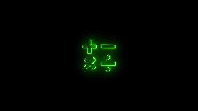 Green glowing neon mathematical operators icon showing plus, minus, multiplication, and division symbols on a black background.
