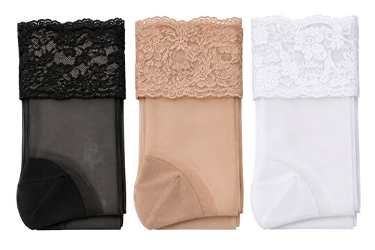 Women's lace top sheer stocking three-pack, nylon knit, black, nude beige and white, wide floral lace band and reinforced toe. Flat lay isolated on white background for hosiery retail.