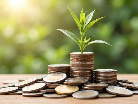 Image of pile of coins with plant on top for business, saving, growth, economic concept