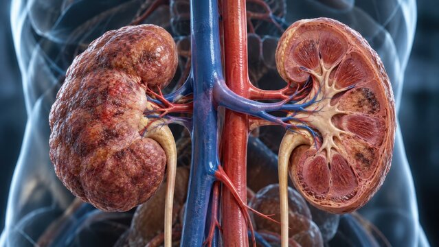 Cross section diagram of healthy and diseased kidneys showing renal cortex structures and main blood vessels.