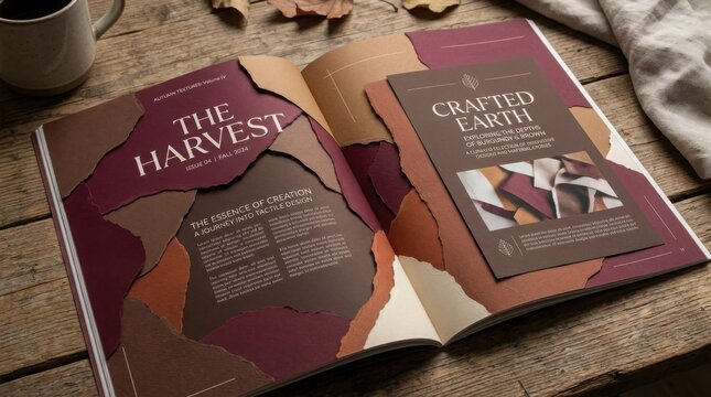Open magazine with layered paper collage design on a rustic wooden table