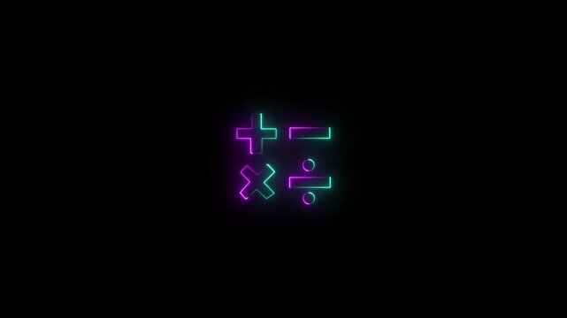 Purple and cyan glowing neon mathematical operators icon showing plus, minus, multiplication, and division symbols on a black background.