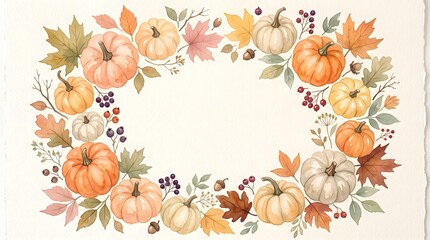 Fototapeta premium Watercolor autumn wreath with pumpkins and fall leaves for seasonal thanksgiving and harvest holiday card design