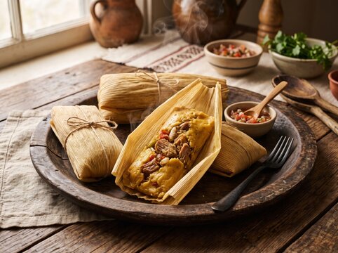 Steaming Cuban tamales served on a rustic wooden platter with fresh salsa on a wooden table