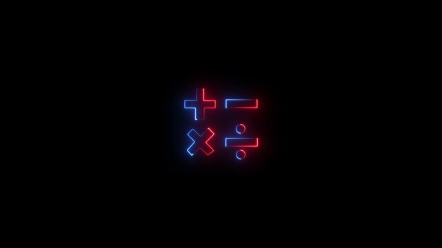 Red and blue glowing neon mathematical operators icon showing plus, minus, multiplication, and division symbols on black background.