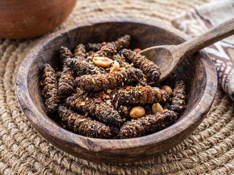 Fried mopane worms served in a rustic wooden bowl with peanuts and spices on a woven mat