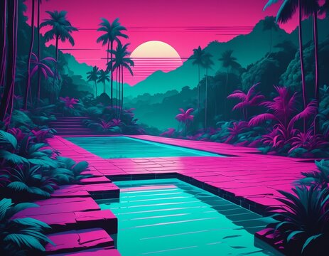 Retro synthwave neon vector illustration of Step-like natural turquoise limestone pools in lush Guatemalan jungle