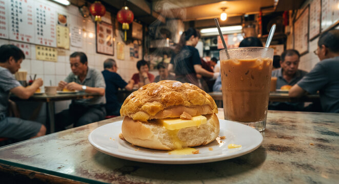  Cinematic lifestyle composition of a steaming Bo Lo Yau served on a Formica table inside a bustling Hong Kong cha chaan teng. 