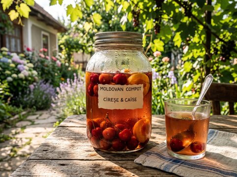 Jar of Moldovan cherry and apricot compot on a rustic wooden table in a sunlit garden