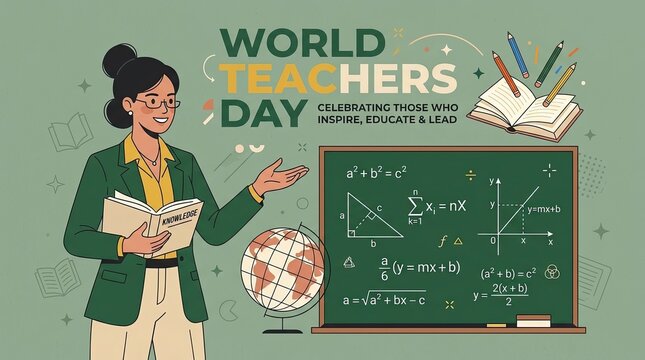 Teacher vector illustration celebrating World Teachers Day with chalkboard formulas and book