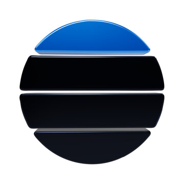 A3d circular sphere divided into four horizontal segments, with the segment in bright blue and the three lower segments in black, featuring a smooth glossy finish on black background