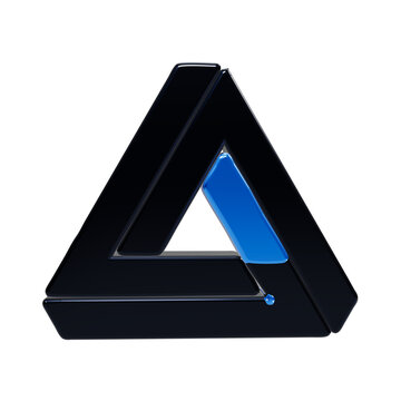 A3d glossy black penrose triangle shape with a single bright blue segment and a small blue sphere, isolated on a black background, representing an impossible geometry in a minimalist style