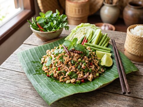 Traditional Lao larb salad served on banana leaf with fresh vegetables and sticky rice