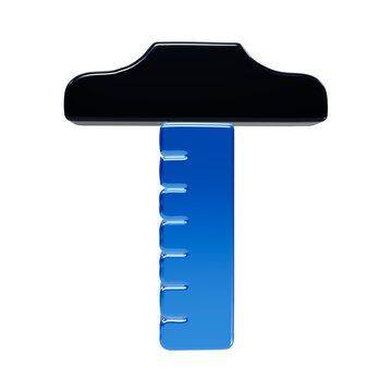 A3d rendered of a blue t-square drafting tool, featuring a glossy finish and a dark handle, used for technical and architectural isolated on a dark background, for visual use