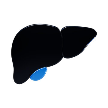 A3d rendered of a human liver with the gallbladder highlighted in a vibrant blue color, featuring a glossy black finish for the organ, isolated against a solid black background, for medical use