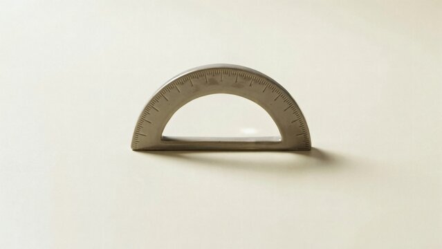 A grey semi circular protractor standing upright on a plain light beige studio background surface with stands upright neutral surface soft shadows