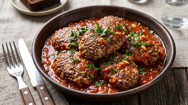 Hyper Realistic 9K 60 Degree Angle Close Up Ukrainian Hrechanyky Buckwheat and Pork Meatballs Food Photography