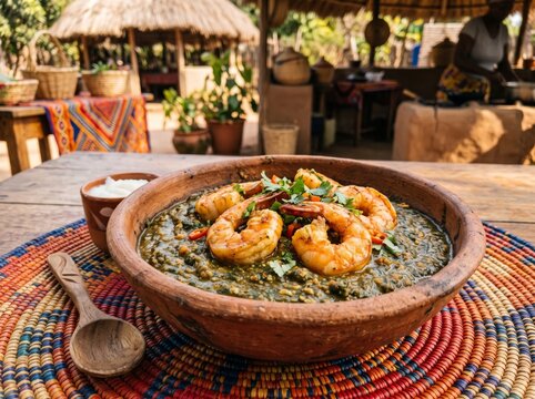 Traditional Mozambican matapa dish with grilled prawns served in a rustic clay bowl