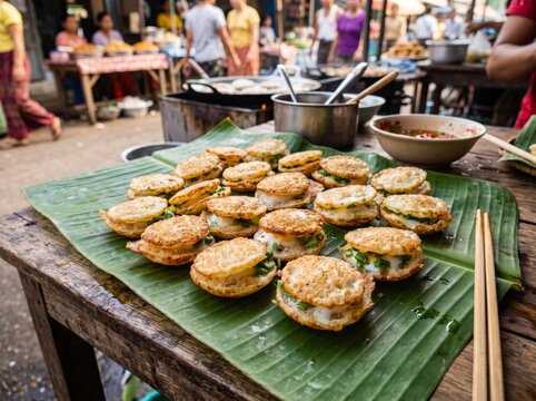 Traditional Mont Lin Maya street food snacks displayed on a banana leaf at an outdoor market stall in Myanmar