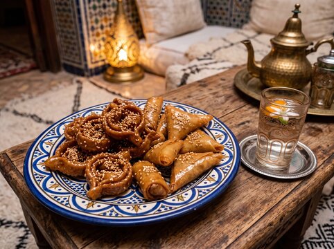 Traditional Moroccan sweets like chebakia and briouat served with a beverage in a cozy riad setting