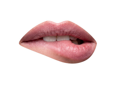 Young natural pink female lips biting to tease and flirt