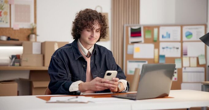 Ecommerce, man and typing in small business with phone, search customer data and courier on website. Person, document and browse in retail company with tech, online order stats or check delivery app.