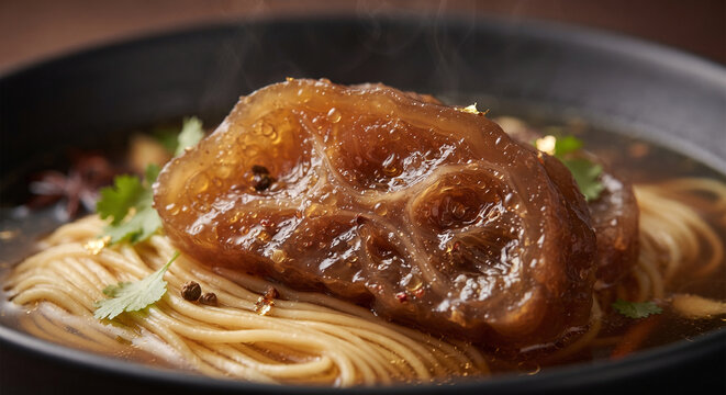 Close-up food shot capturing a thick slice of slow-braised beef tendon, revealing its translucent, sticky, melt-in-the-mouth texture infused with herbal master stock spices, glistening broth drops,