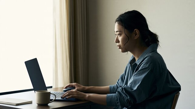 Japanese Freelancer Illustration Working on Laptop at Home Art