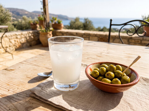 Arak drink with ice and a bowl of green olives on a rustic wooden table during golden hour at a Mediterranean seaside terrace