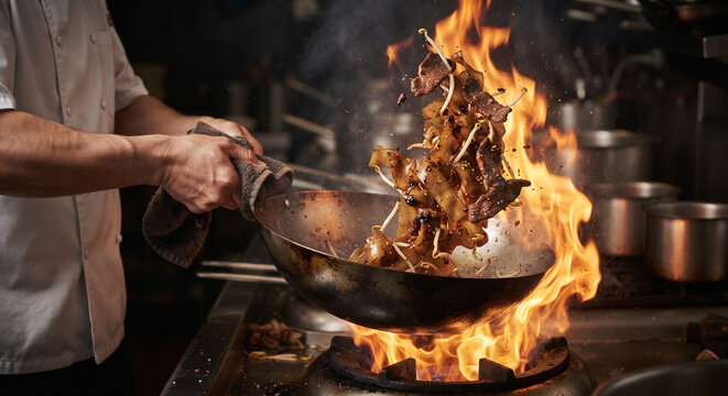 Dynamic action shot capturing a chef's hands holding a heavy carbon steel wok over blazing flames, sending a fiery burst of flame, flying wide rice noodles, 