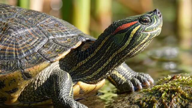 Close-up of a Red-Eared Slider Turtle basking on mossy rock in shallow water, with reeds in background