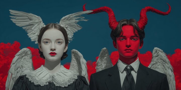 An angel and a demon in the body of a man and a woman, good and evil, good and bad. The concept of goodness and evil in one person, Husband and wife are finger and thumb. One bone, one flesh. High qua