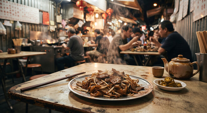 Cinematic lifestyle composition of a steaming plate of Beef Chow Fun resting on a Formica table inside a bustling Hong Kong dai pai dong.