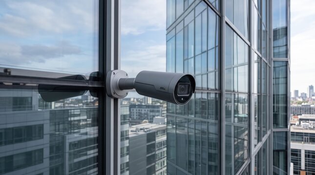 Modern security camera mounted on glass facade of corporate skyscraper, surveillance system, building safety, smart city monitoring, CCTV technology, urban architecture view