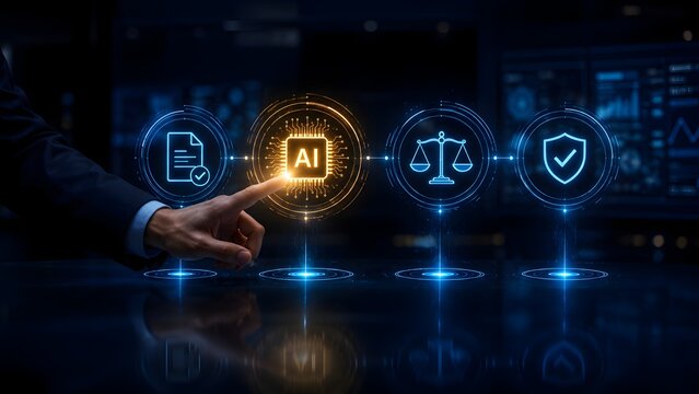 Businessman Touching AI Microchip Hologram in Legal Compliance Tech Interface