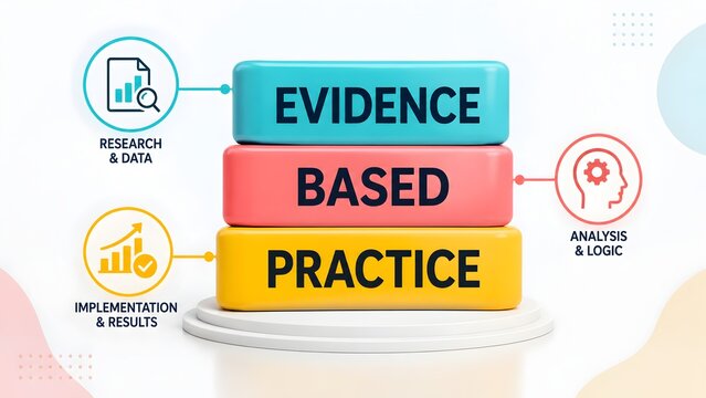 Evidence Based Practice Infographic Stacked Blocks With Research and Implementation Icons