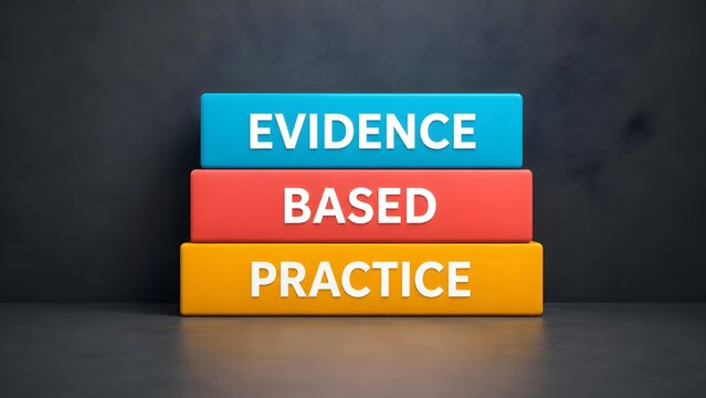 Three Colored Blocks Stacked With Evidence Based Practice Text and Dark Background