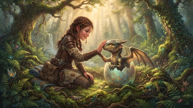 Young Rider Bonding with Newly Hatched Baby Dragon in Ancient Fantasy Nest