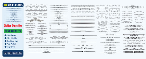Fototapeta premium Comprehensive Collection of 110 Professional Divider Shapes and Decorative Line Elements for Elegant Graphic Design Projects Featuring Ornate Flourishes Swirls Borders and Minimalist Separator Styles