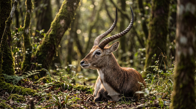 Male waterbuck antelope with majestic curved horns resting on the forest floor in a lush green woodland with beautiful morning sunlight.