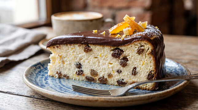 Hyper Realistic 9K Diagonal Angle Close Up Lviv Syrnyk Chocolate Glazed Cottage Cheese Cake Food Photography