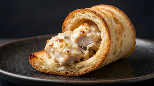 Delicious baked bread roll stuffed with creamy chicken filling and melted cheese served on a dark plate ready for eating during a gourmet meal with warm lighting close shot savory tender