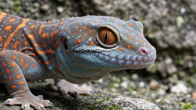 Close-up Portrait of a Vibrant Tokay Gecko with Striking Orange and Blue Patterns on Rough Stone Texture