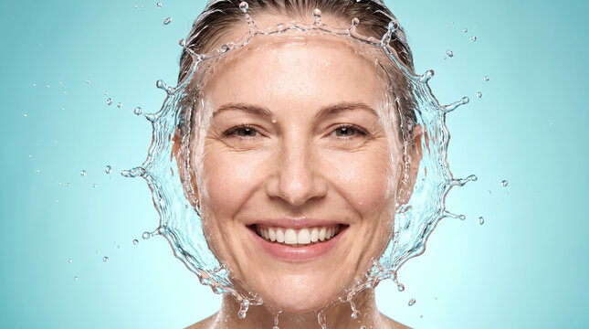Beautiful woman's face dissolving into refreshing water splashes on a light blue background