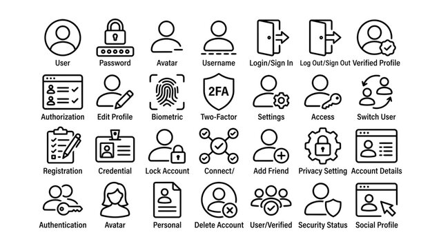 Collection of user account management and authentication icons with transparent background