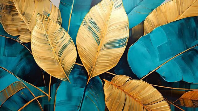 Digital framed painting of tropical leaves with gold foil flower abstract background