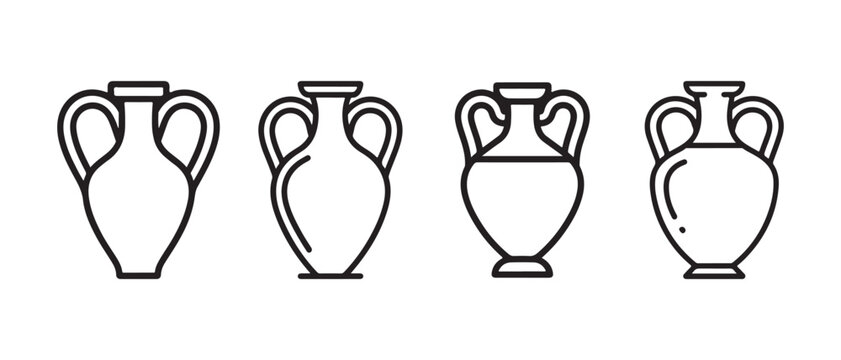 Ceramic vase and pottery icon set in outline style.