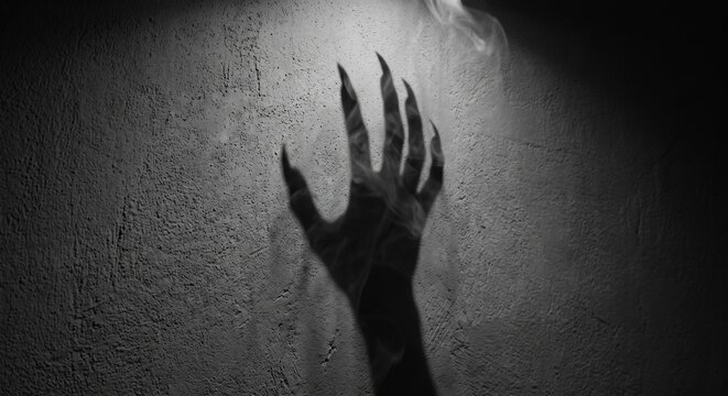 Skeletal hand shadow projected on rough concrete wall
